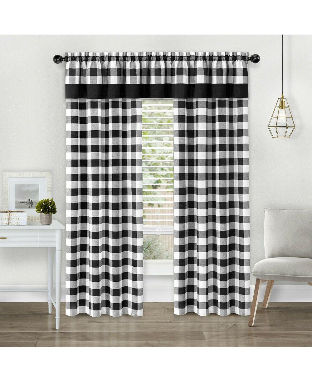 Kate Aurora Modern Country Farmhouse 3 Piece Buffalo Check Plaid Window Curtains and Valance Set - 84 in - Gray