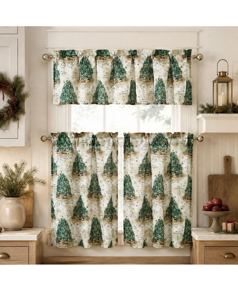 Kate Aurora Christmas Trees and Evergreens Complete Semi Sheer Kitchen Curtain Tier and Valance Set