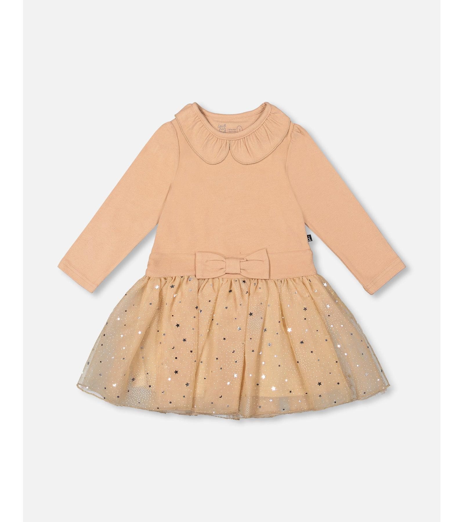Deux par Deux Little Girls Bi-Material Dress with Glittering Skirt Beige - Toddler|Child