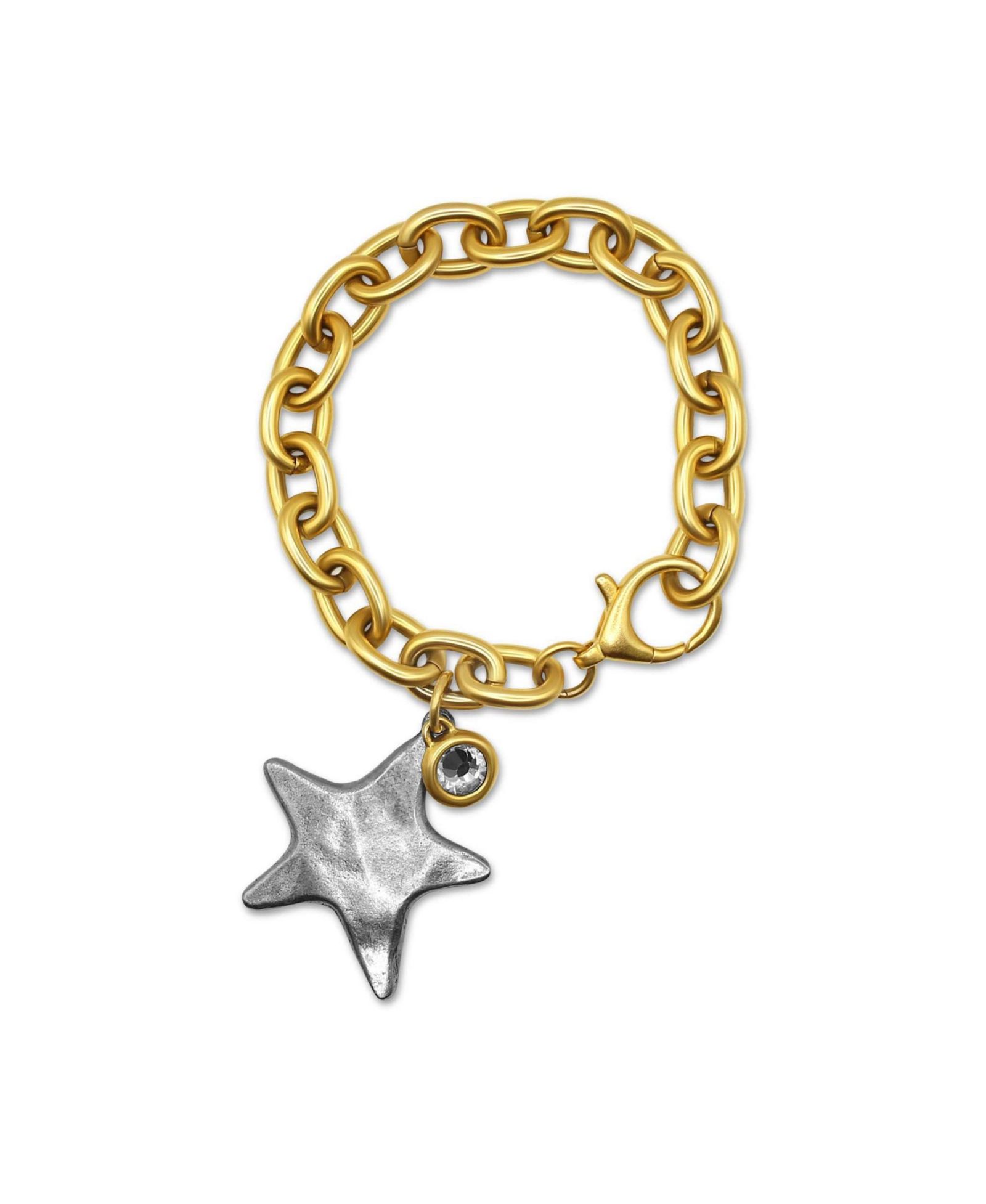 Plated Chain with Textured Star Charm and Cubic Zirconia Charm Bracelet