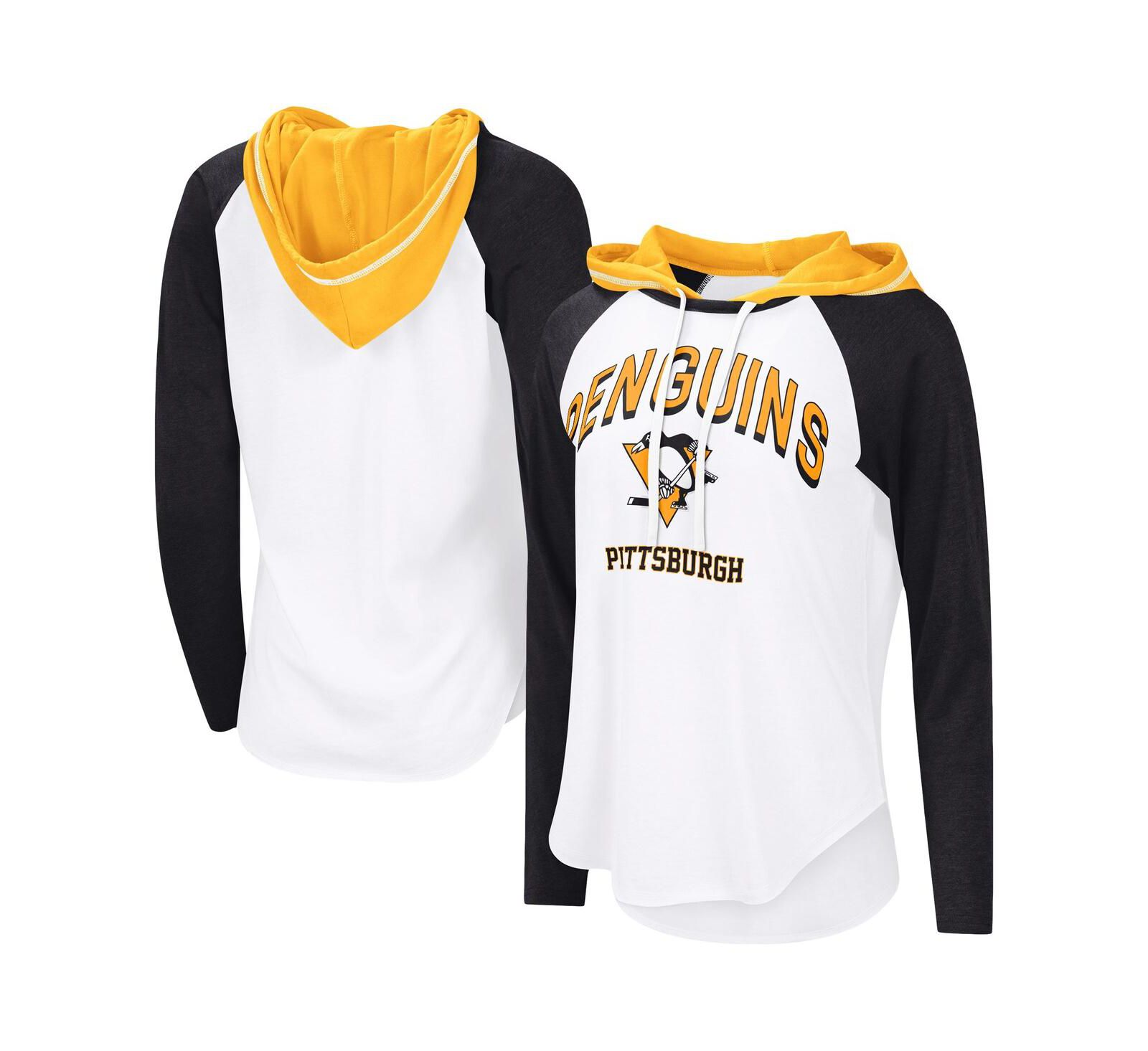 G-III 4Her by Carl Banks Women's White/Black Pittsburgh Penguins VIP Raglan Long Sleeve Hoodie T-Shirt