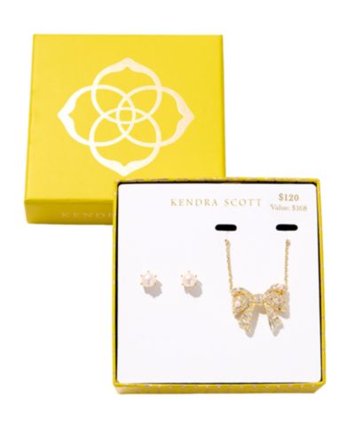 Kendra Scott 2-Piece Freshwater Cultured Pearl (2.8mm-7mm) Krista Bow Pendant Necklace and Ashton Stud Earrings Gift Set