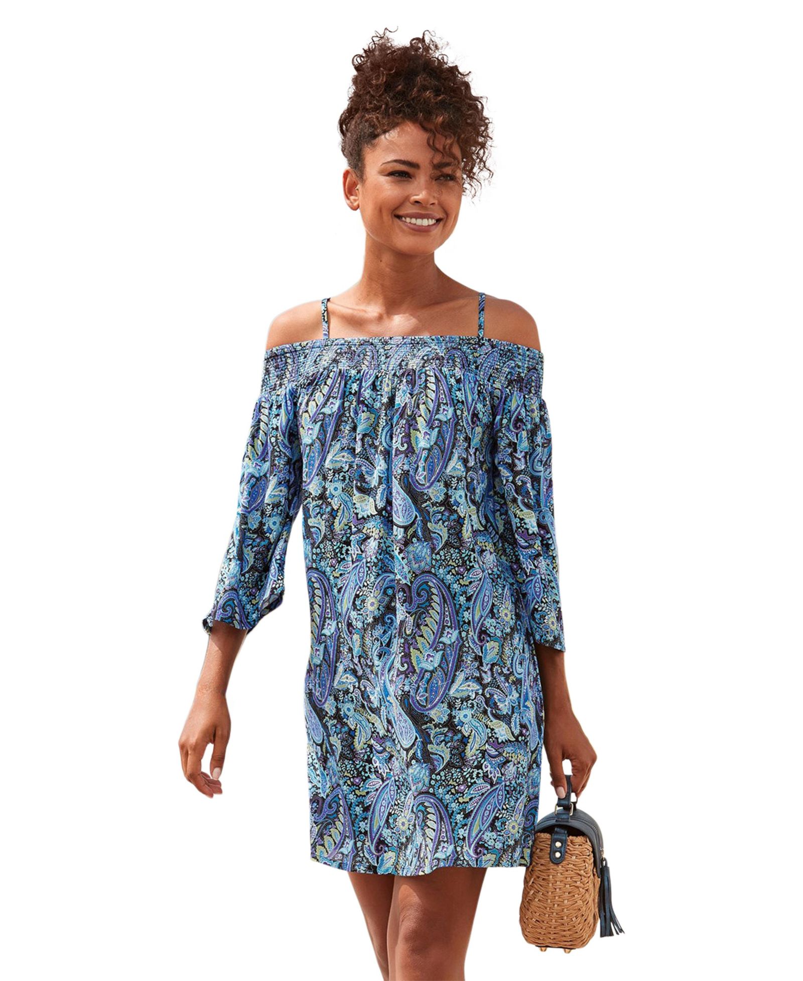 LASCANA Women's Viscose Printed Off Shoulder Smocked Short Dress