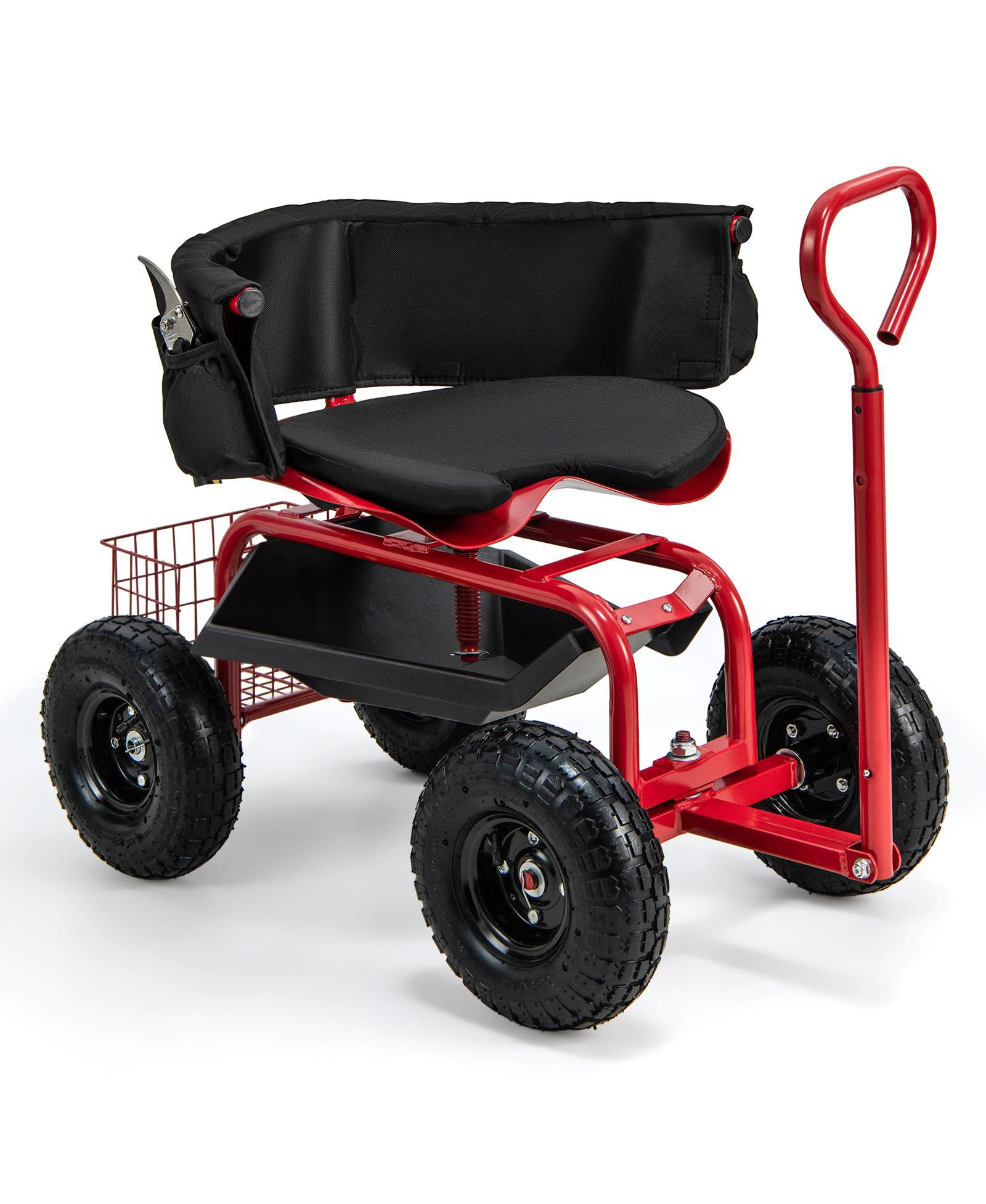GOUUN Adjustable Rolling Garden Cart with Swivel Seat and Tool Storage
