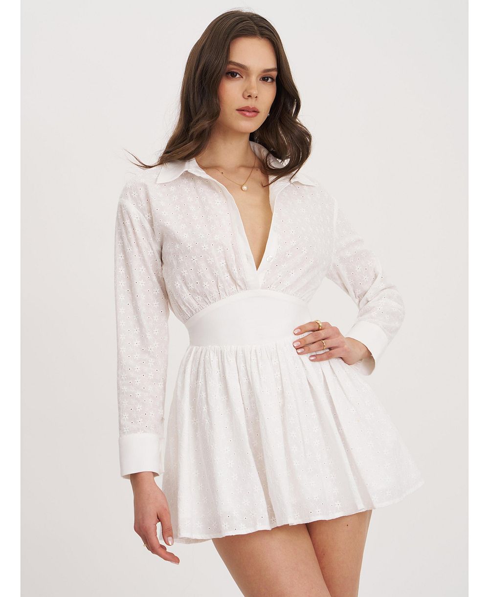 Miss Circle Женский Gabriella White Cotton Eyelet Button Up Long Sleeve Shirt Dress