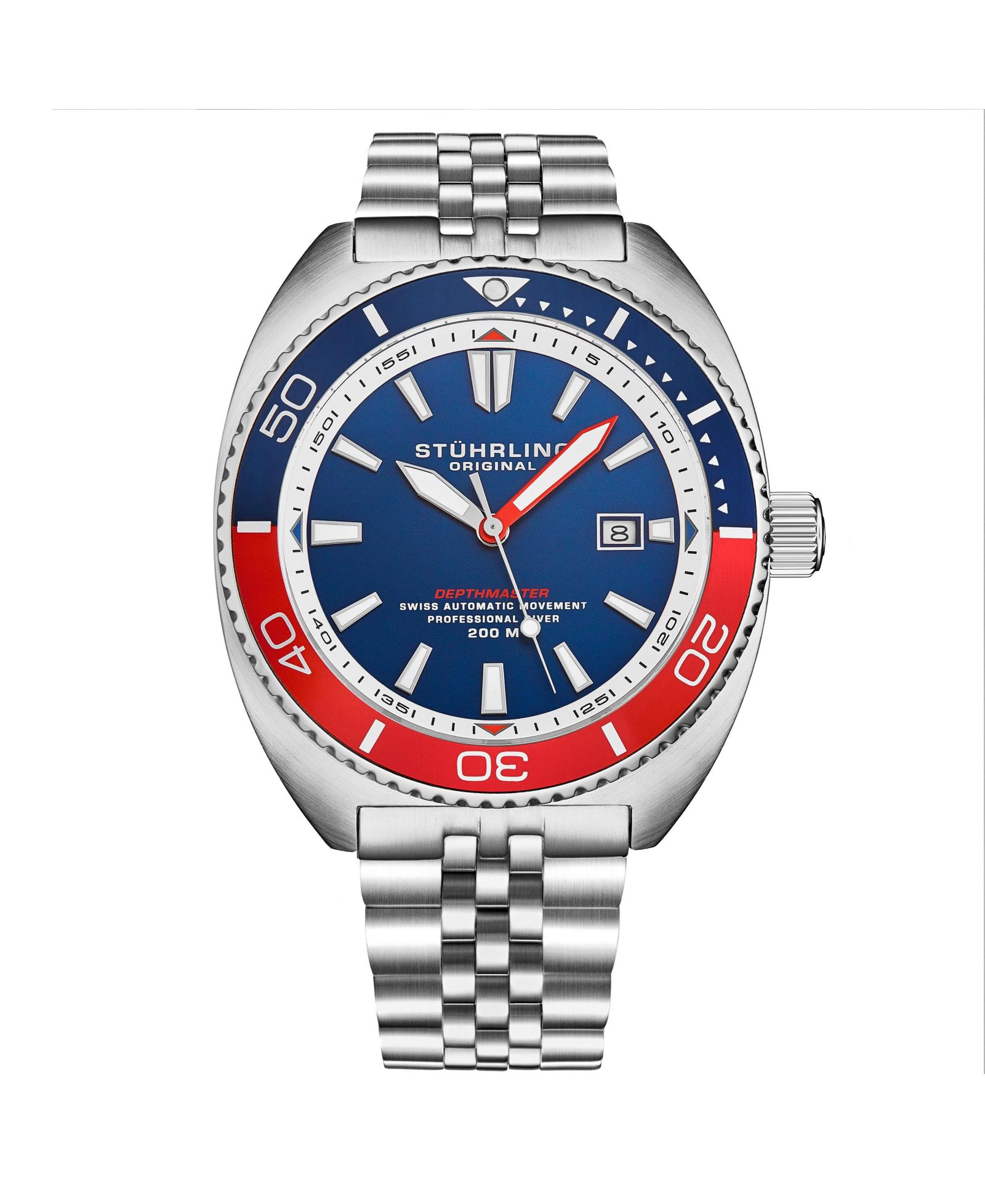 Часы Stuhrling Men's Depthmaster Heritage 1008 45mm Swiss Automatic Diver, Tonneau Case, Stainless Steel Bracelet, 200M WR