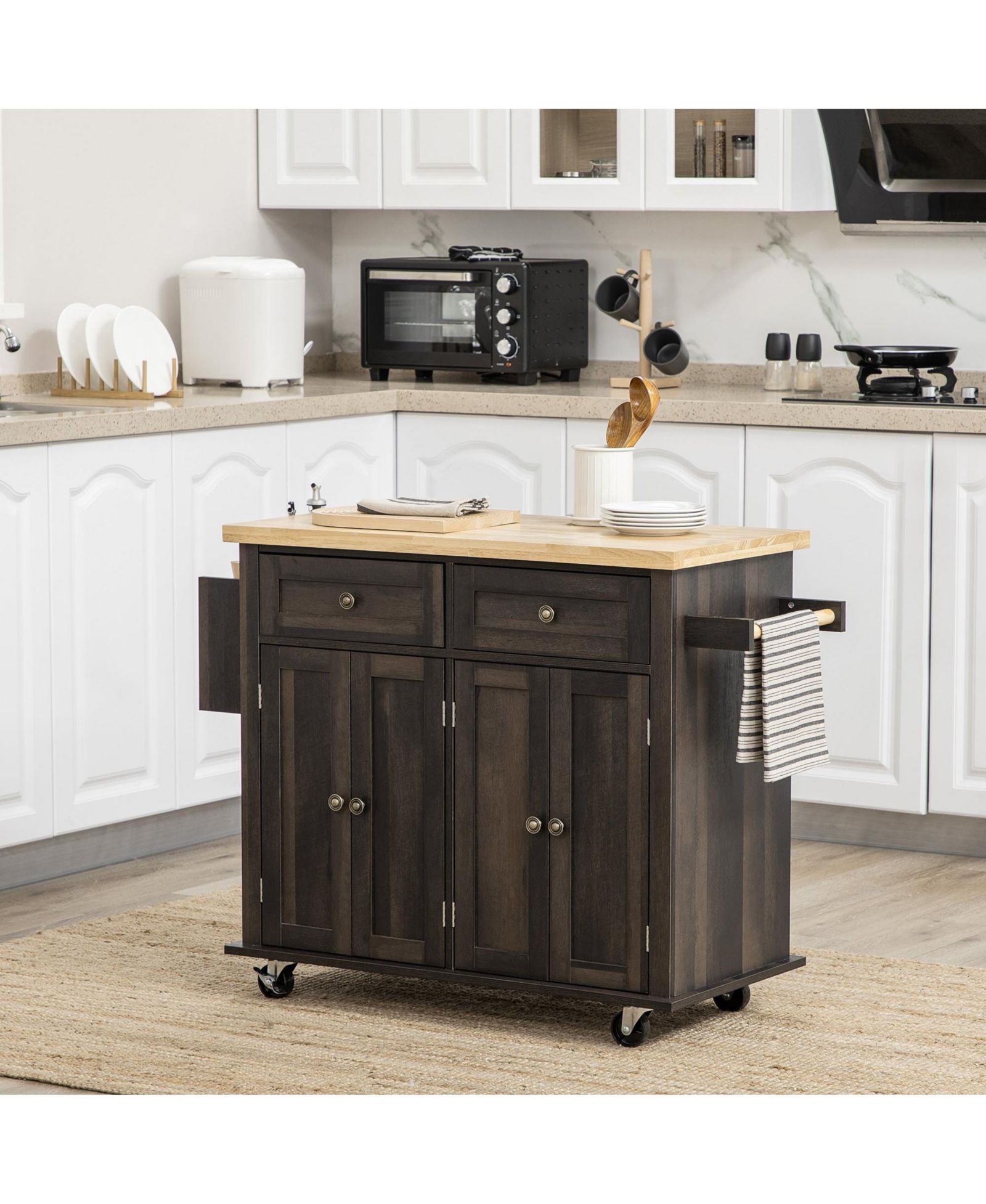 HALIFAX NORTH AMERICA Brown Oak Kitchen Trolley: Rolling Cart with Rubberwood Top & Racks