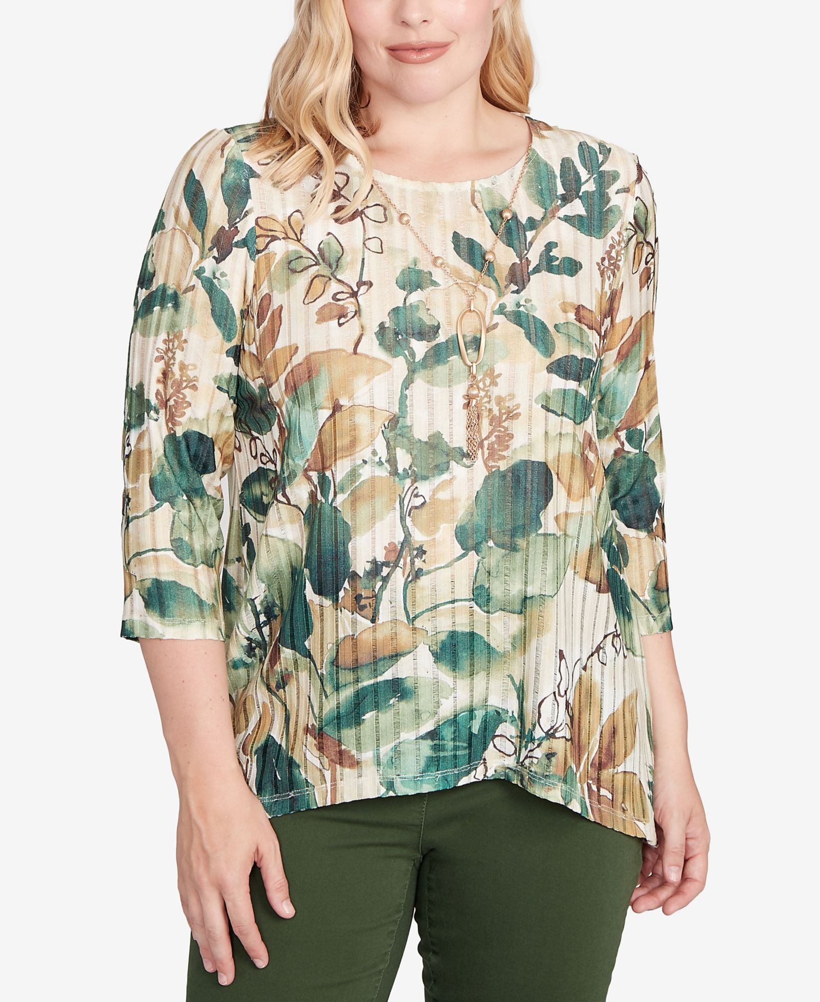 Женская рубашка Alfred Dunner Mount Laurel Abstract Leaf Sharkbite Hem с ожерельем