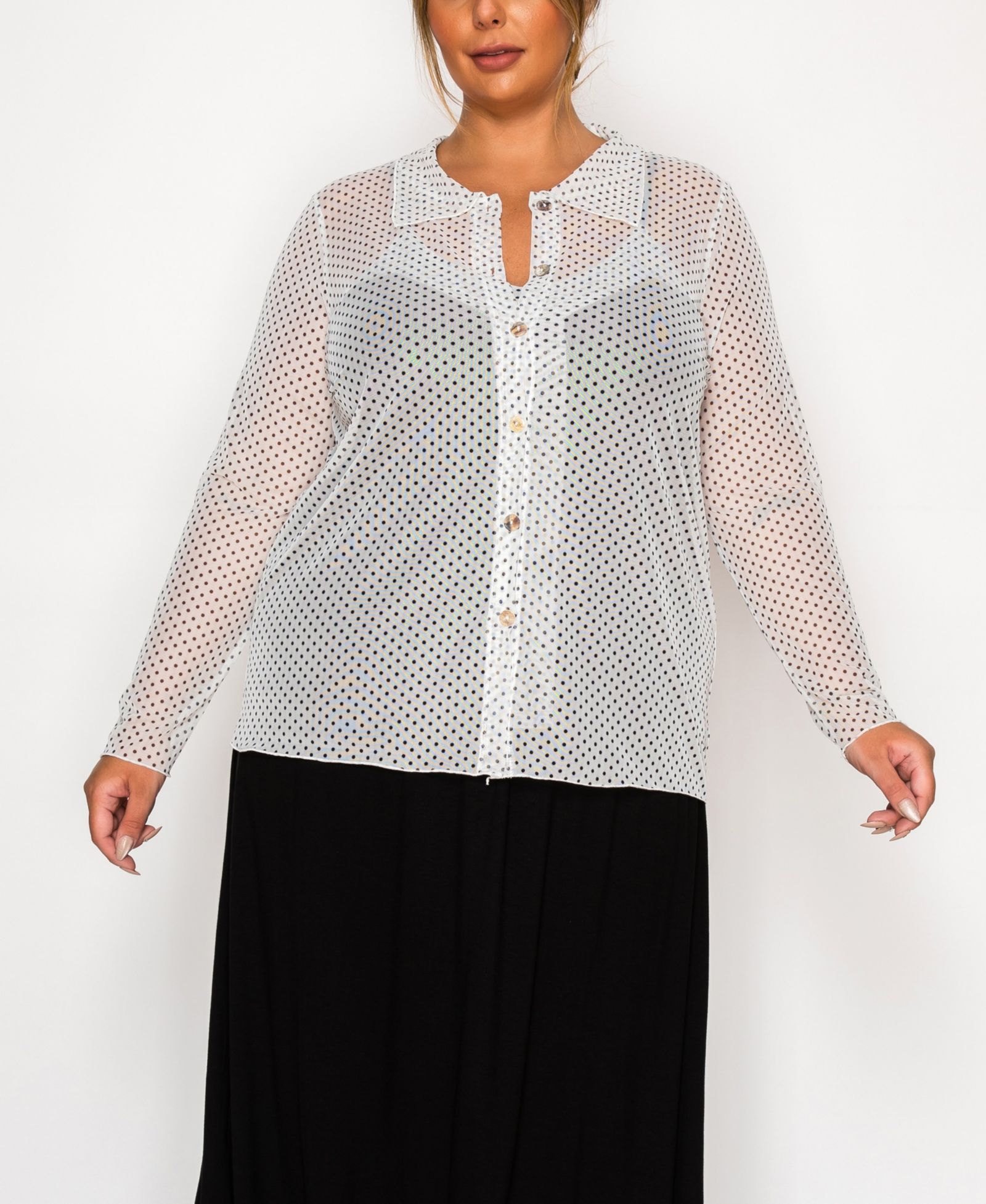 Coin 1804 Plus Size Dot Mesh Button Front Long Sleeve Top