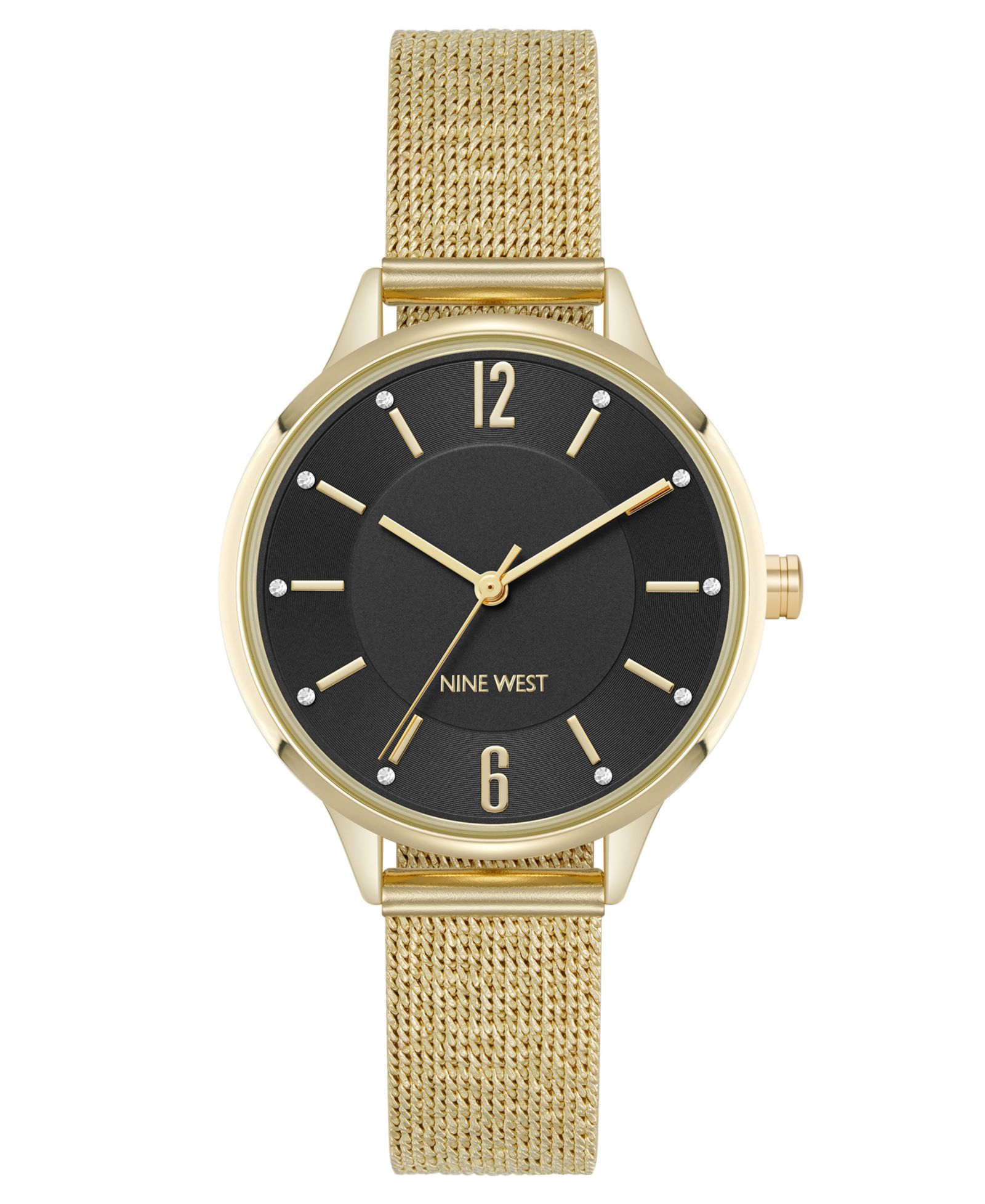 Nine West Женские аналоговые часы Quartz Capital Black and Gold-Tone Stainless Steel Mesh, 34mm