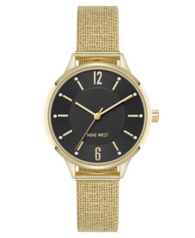 Nine West Женские аналоговые часы Quartz Capital Black and Gold-Tone Stainless Steel Mesh, 34mm