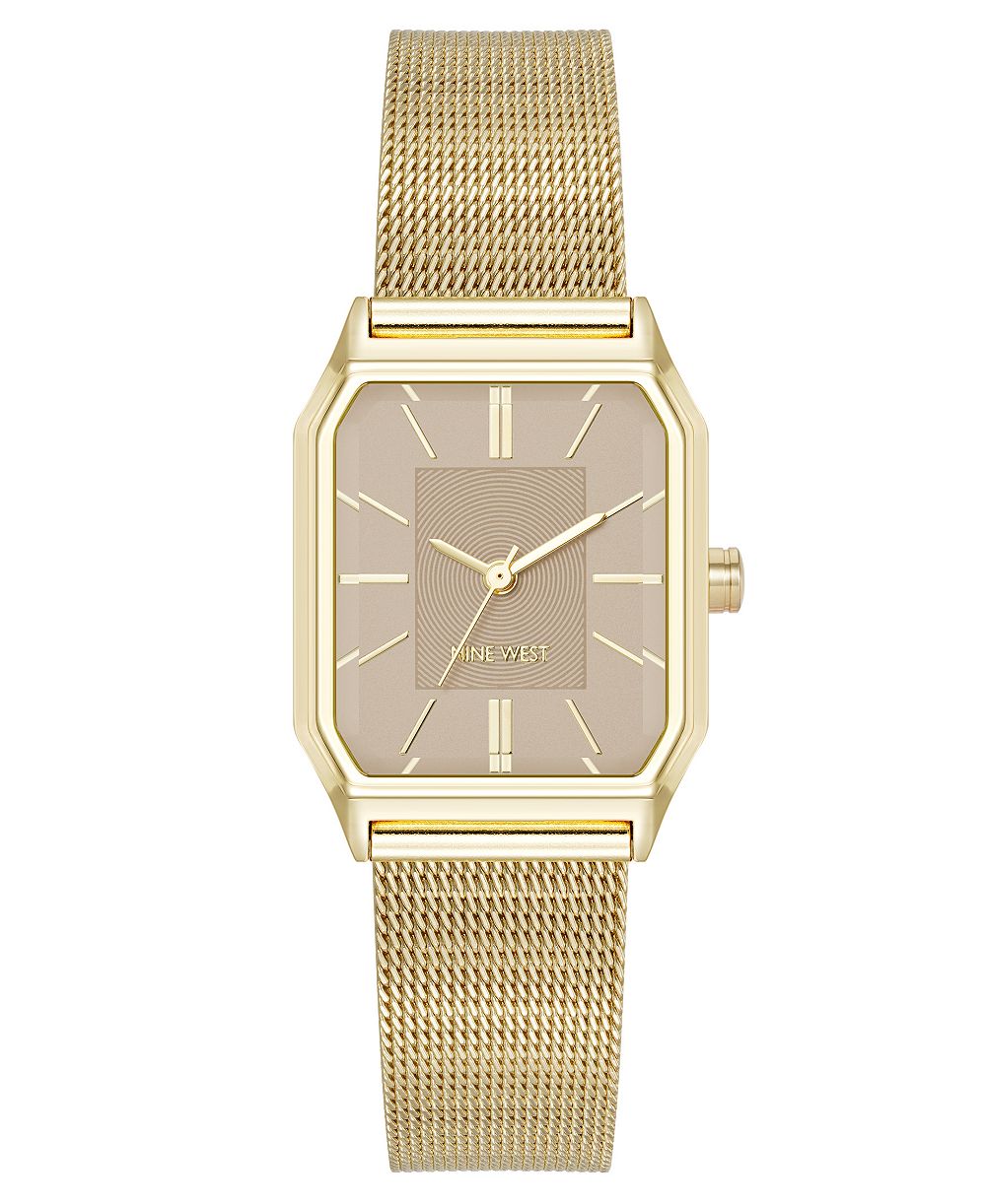 Nine West Women's Quartz Faceted Tan and Gold-Tone Stainless Steel Mesh Watch, 26mm