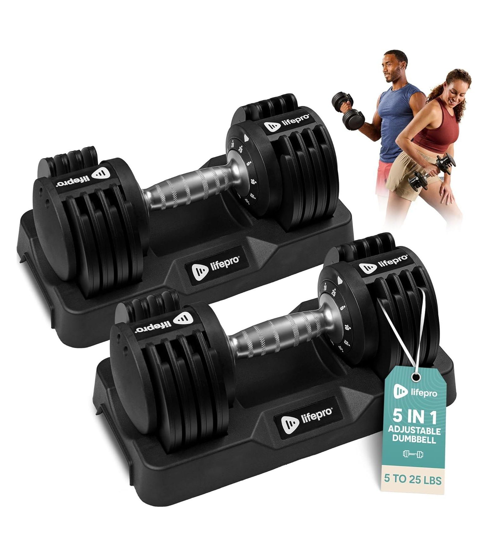 Lifepro Adjustable Dumbbells Set 25lb Pair - Quick-Change Adjustable Weights with Anti-Slip Handle, Space Saving Gym Weights for Home Gym