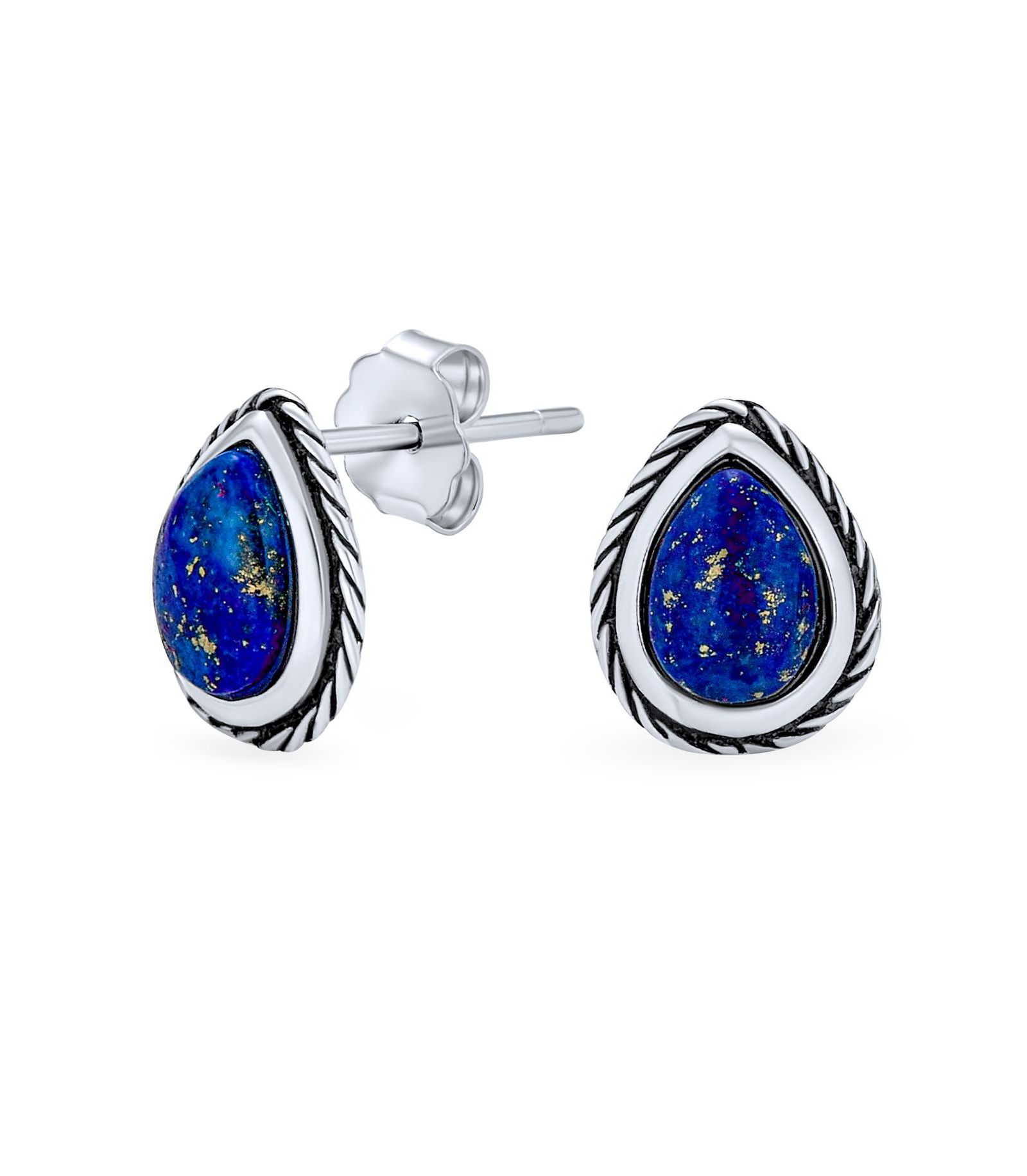 Bling Jewelry Bali Style Bezel Set Blue Lapis Teardrop Stud Earrings .925 Sterling Silver