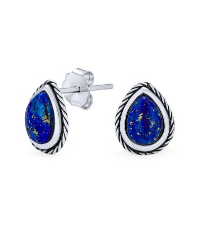 Bling Jewelry Bali Style Bezel Set Blue Lapis Teardrop Stud Earrings .925 Sterling Silver