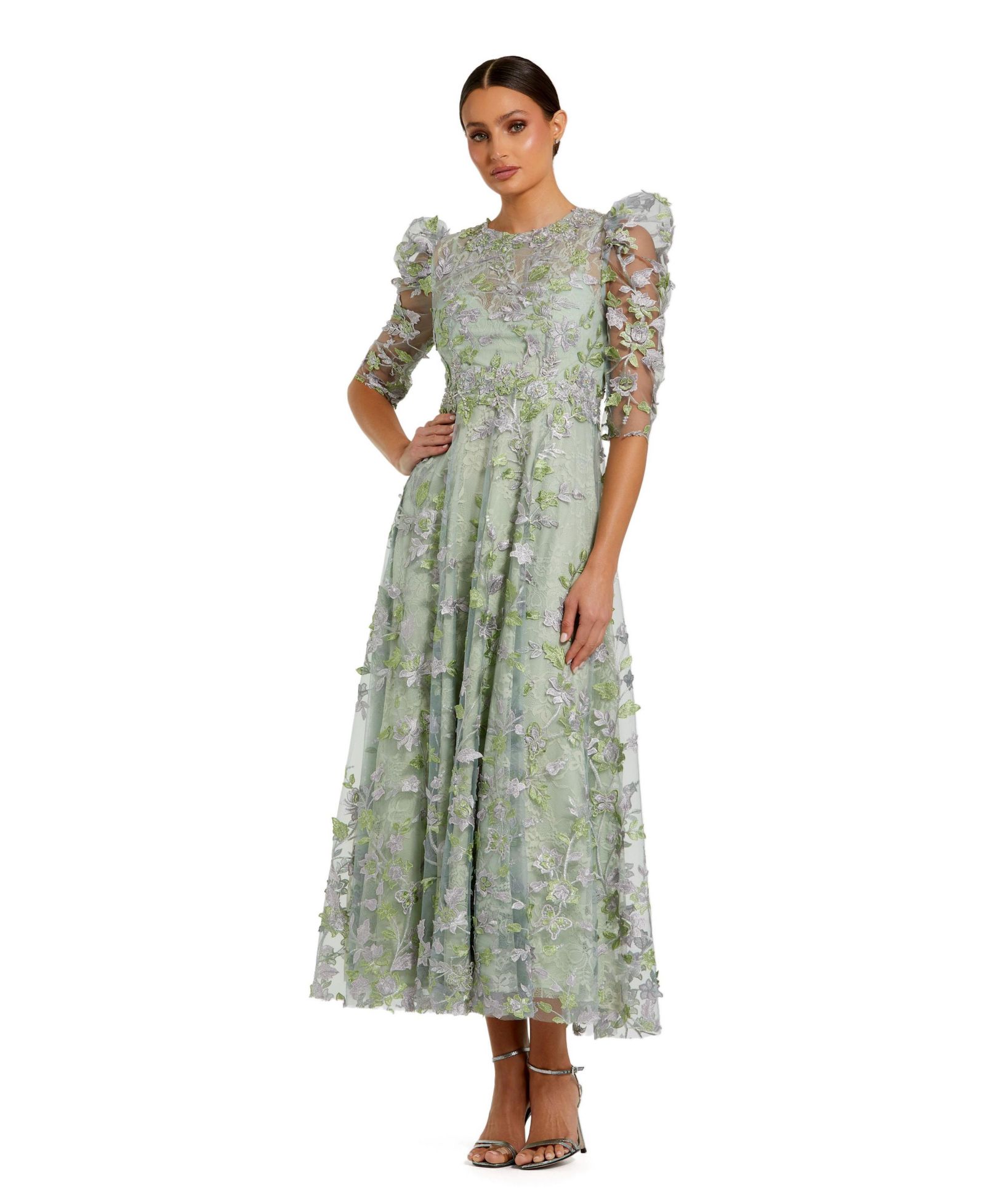 Платье Mac Duggal Women's Applique High Neck Puff Sleeve A Line