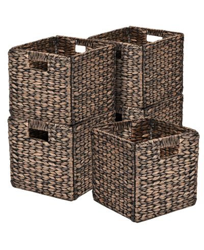 Happimess Bryce Farmhouse Hand-Woven Hyacinth Collapsible Storage Cube Baskets with Handles, Set of 5