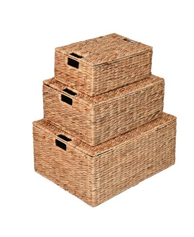 Happimess Brooks Farmhouse Woven Hyacinth Rectangular Storage Baskets with Lids and Handles, Set of 3