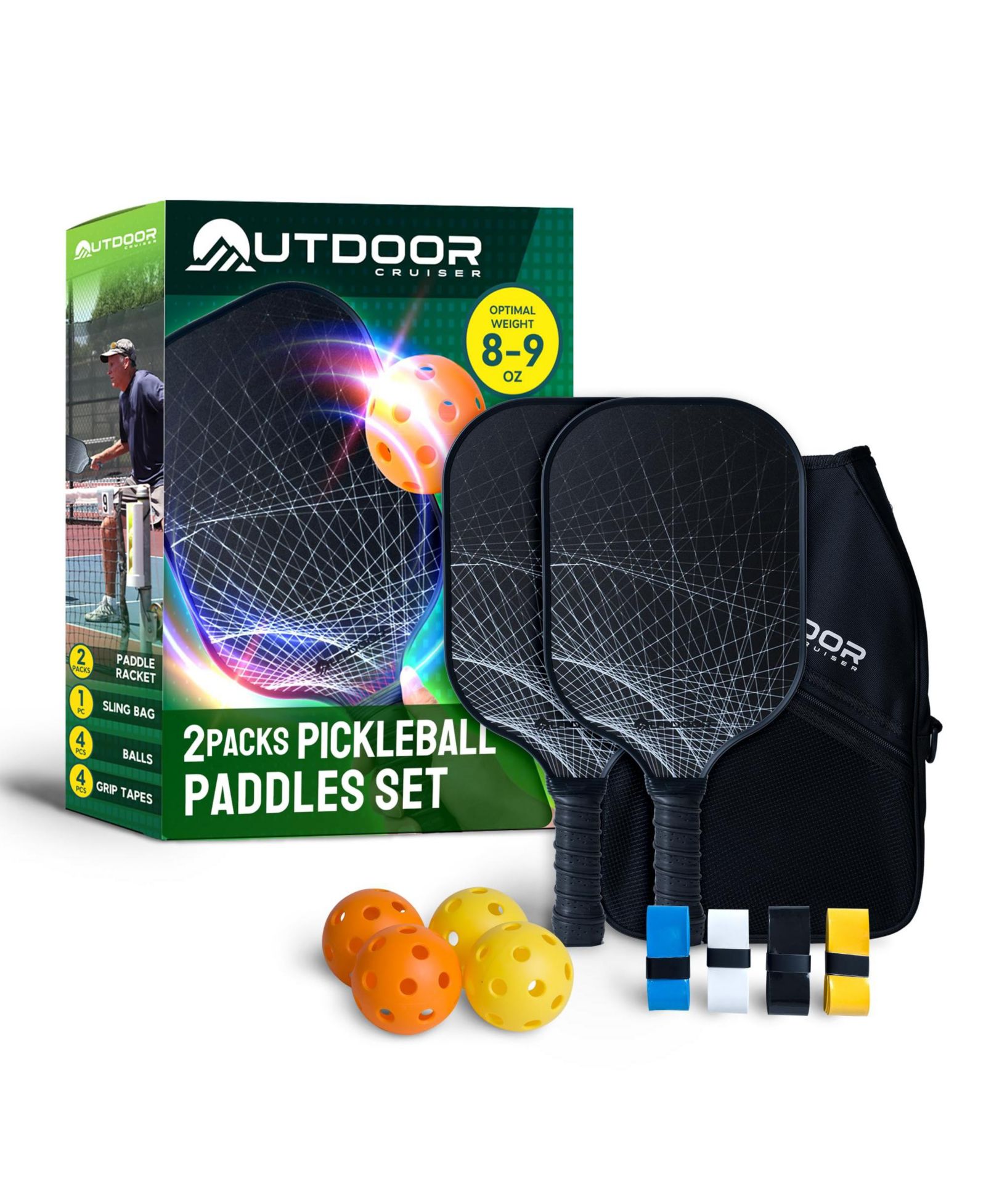 Outdoor Cruiser Pickleball Racket Set - Carbon Fiber USAPA Approved Lightweight Paddles with Polypropylene Honeycomb Core, Skill Levels, Includes 2 Rackets, a Sling Bag, 4 Balls, and 4 Grip Tapes