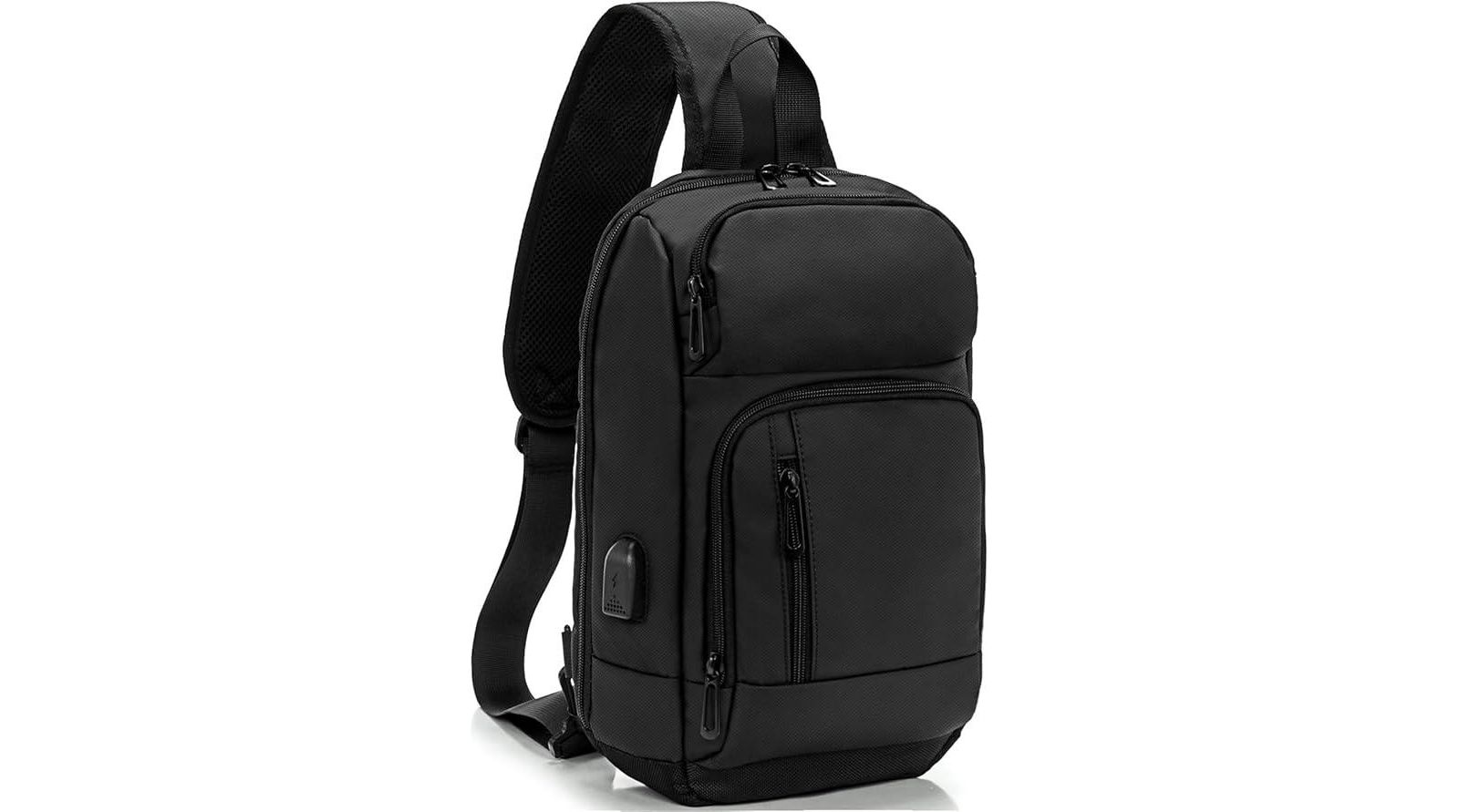 14 inch Sling Bag for Men,Black Crossbody Bag with USB Charging Port Fits 10.2inch iPad, Casual
