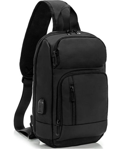 Сумка-слинг Wosofe 14" для мужчин, черная с USB-портом, подходит для iPad 10.2"