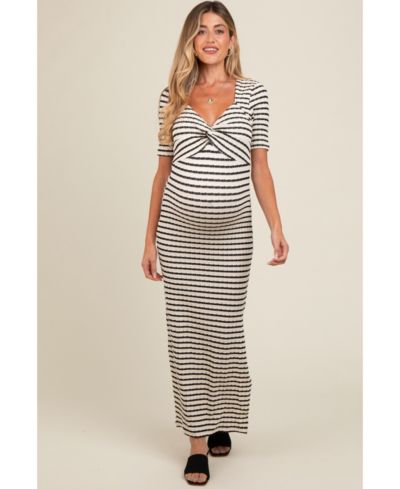 Pinkblush Women's Ivory Black Striped Knit Short Sleeve Maxi Dress