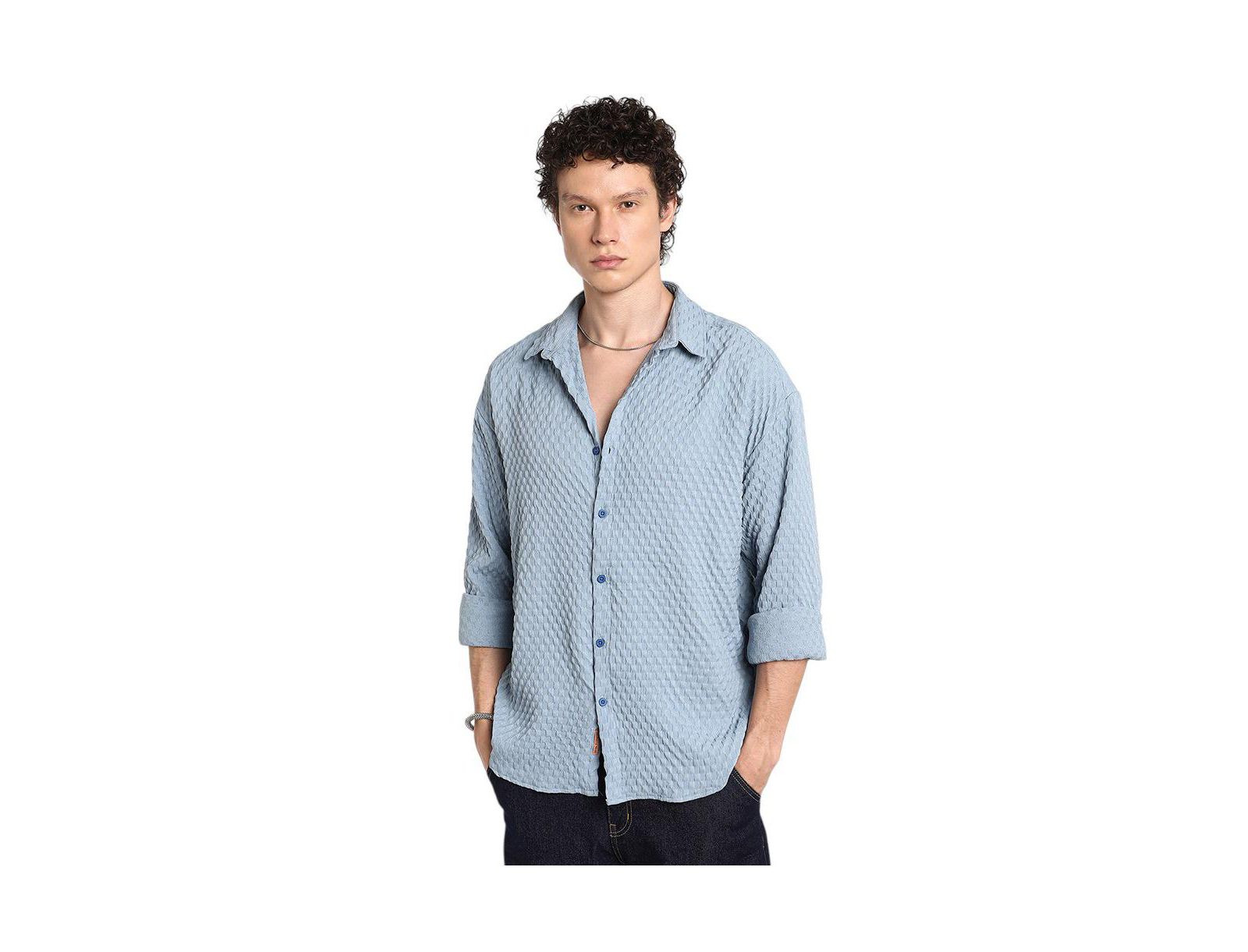 Cahoot Men's Campus Sutra Cornflower Blue Cubic-Textured Oversized Shirt