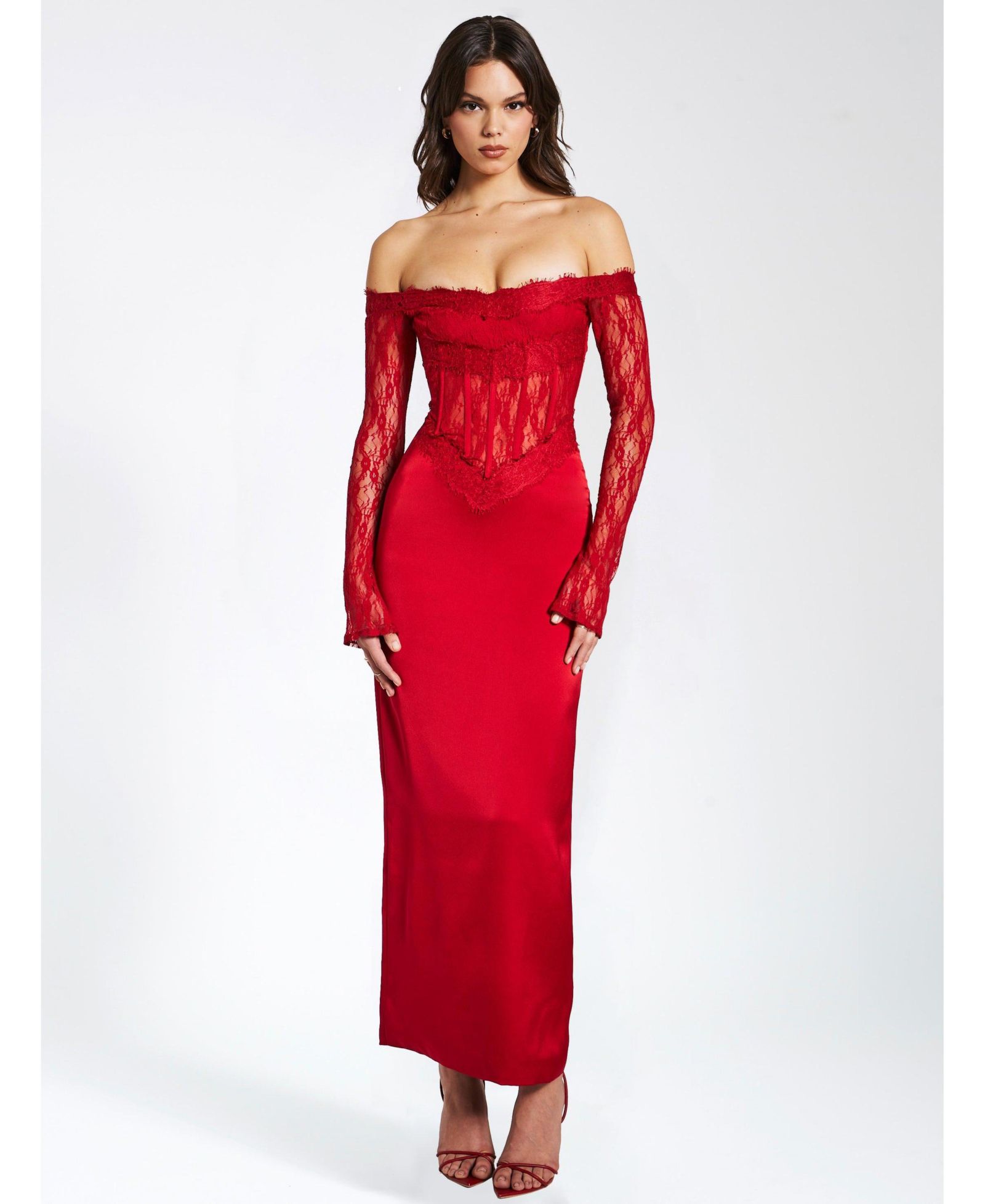 Miss Circle Women's Nessa Red Lace Satin Corset Maxi Dress