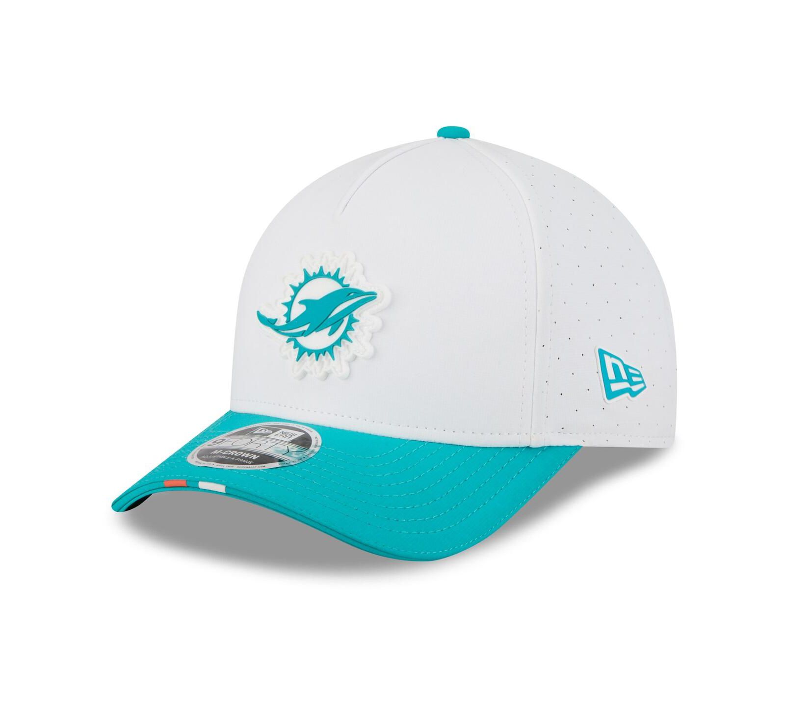 New Era Men's White/Aqua Miami Dolphins 2025 NFL Training Camp A-Frame 9FORTY Adjustable Hat