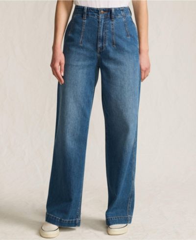 Lands' End Women's Soft Denim High Rise Wide Leg Top Stitch Trousers