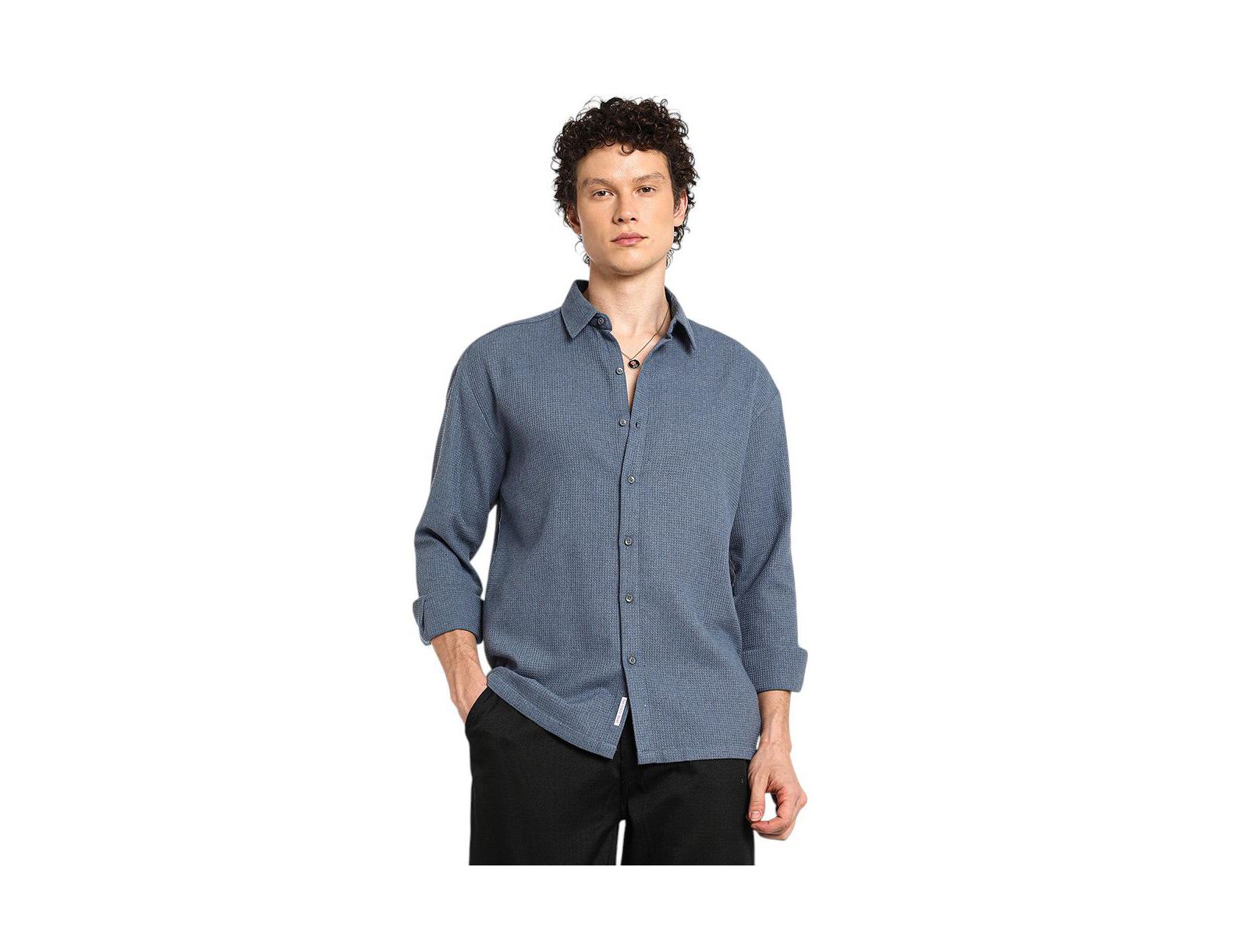Cahoot Men's Campus Sutra Lapis Blue Waffle-Knit Shirt
