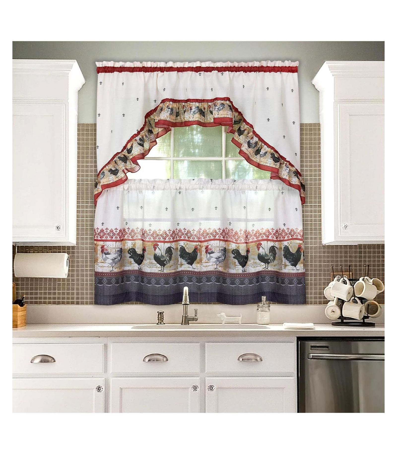 Комплект штор Kate Aurora Retro Rooster 3-piece Kitchen Curtain Tier and Swag Valance, 57 in. W x 36 in. L