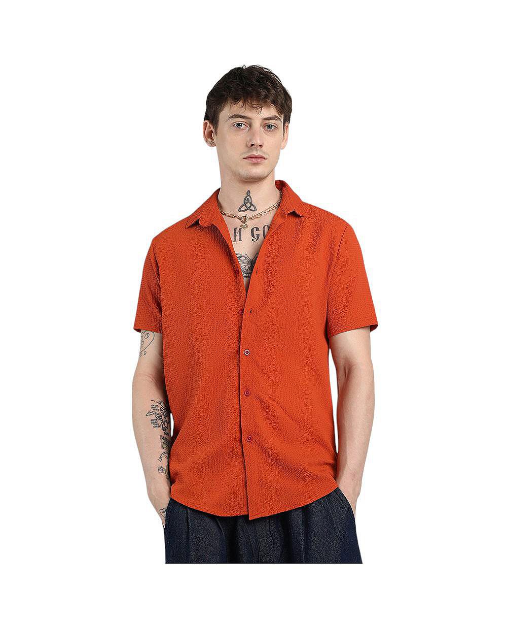Campus Sutra Men's Red Ruched Regular Fit Casual Shirt