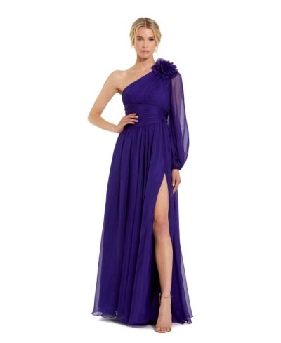 Женское вечернее платье Mac Duggal One Sleeve Ruched Chiffon Gown With 3D Flower