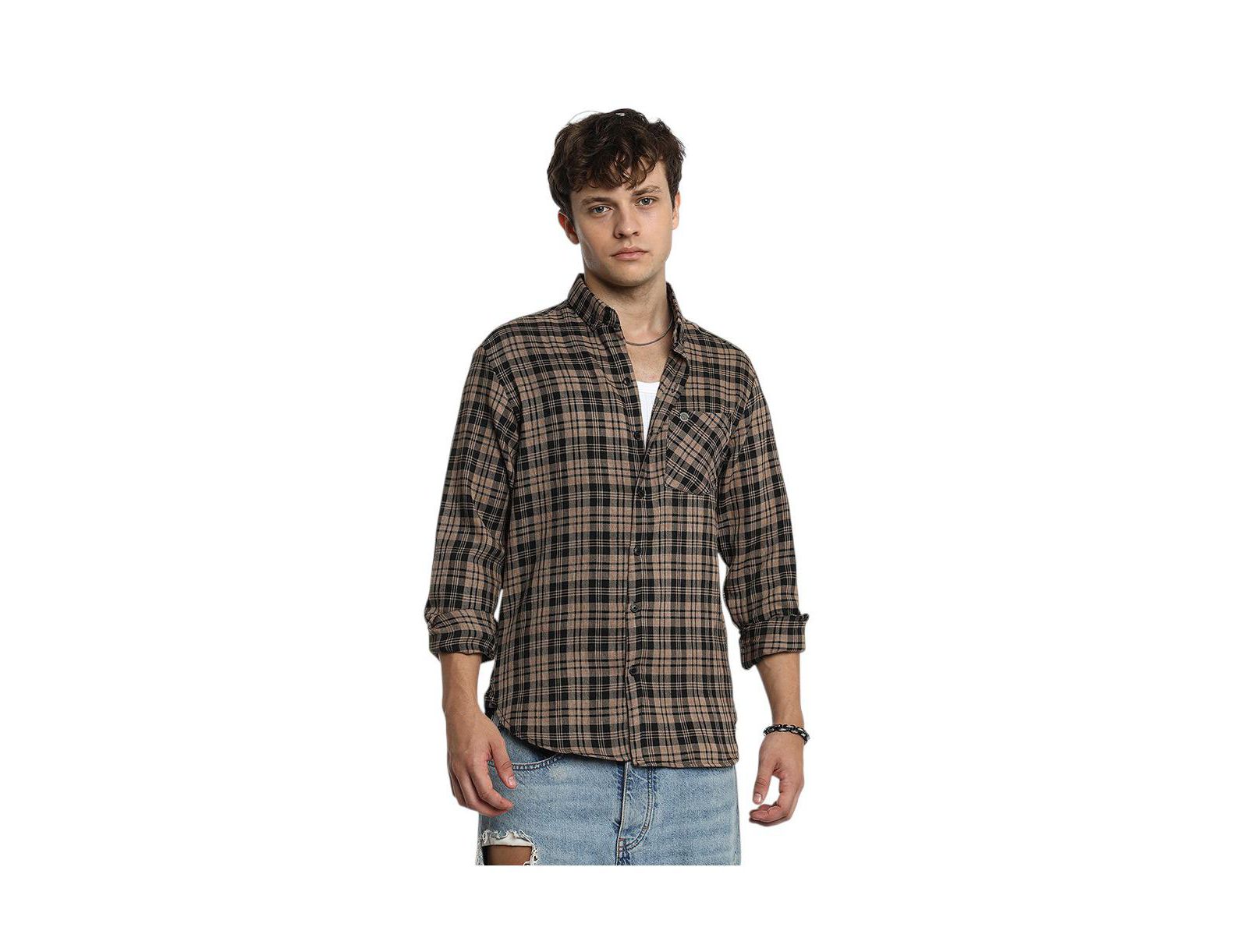 Cahoot Men's Campus Sutra Tan Brown & Charcoal Black Tartan Plaid Shirt