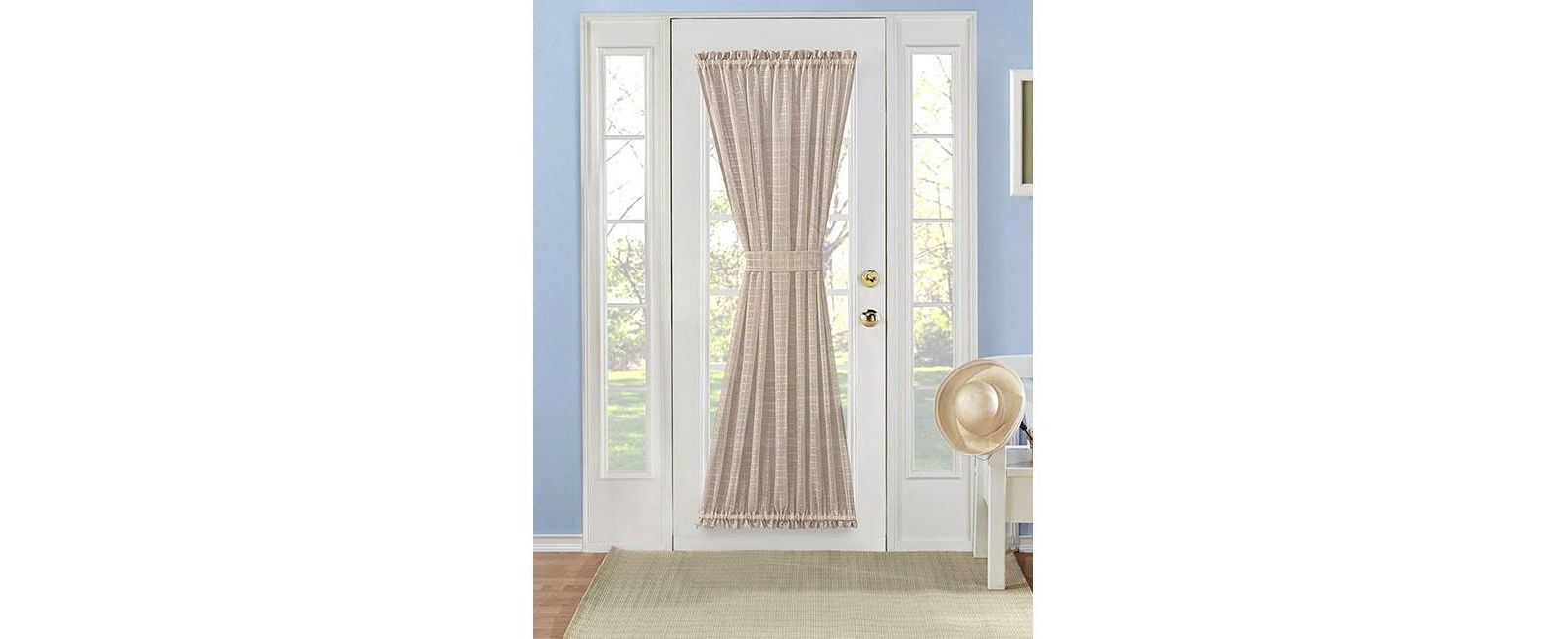 Kate Aurora Living Plaid Sheer French Door Curtain Panel With Tieback - 53 in. W x 45 in. L, Linen