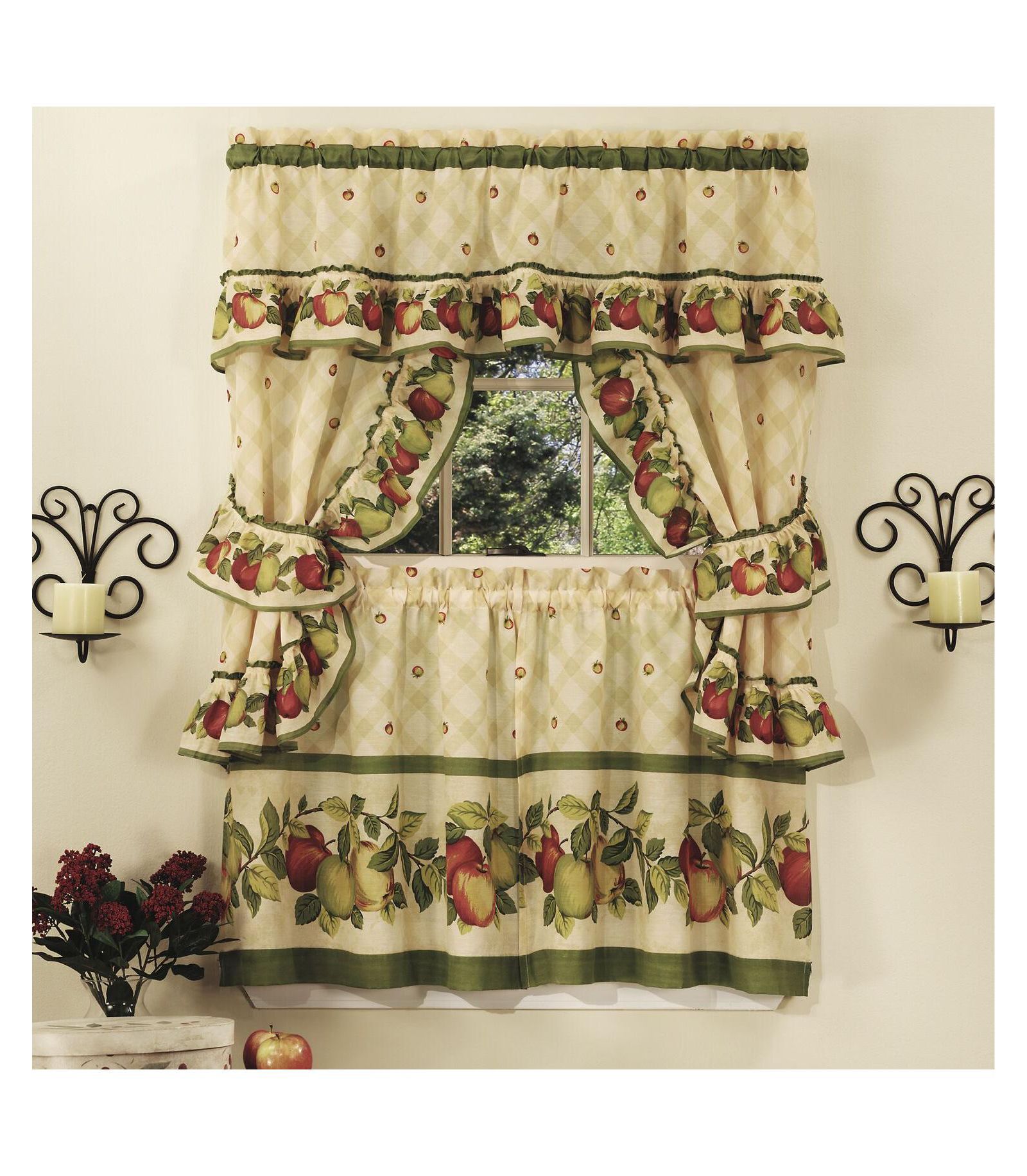 GoodGram Apple Blossom Complete 5 Piece Kitchen Curtain Tier and Swag Set - 58 in. W x 36 in. L