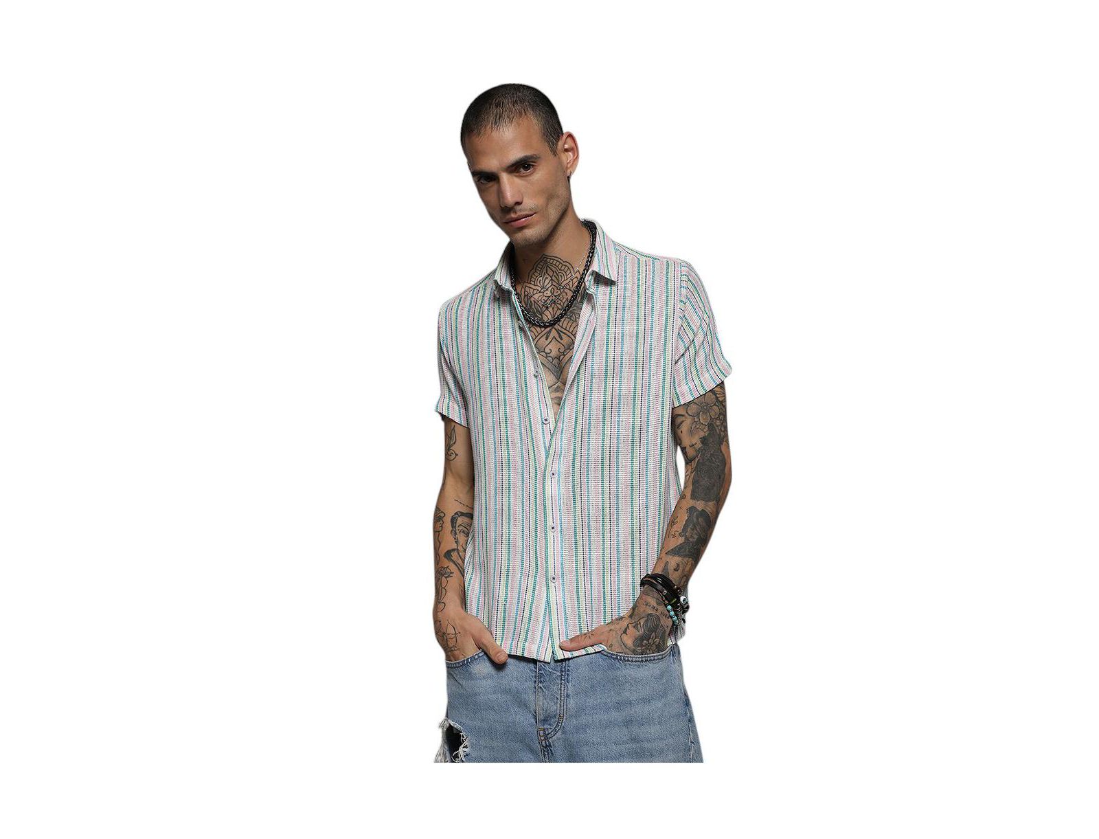 Cahoot Men's Campus Sutra Pink & Green Unbalanced Striped Woven Shirt