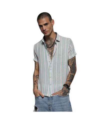 Cahoot Men's Campus Sutra Pink & Green Unbalanced Striped Woven Shirt