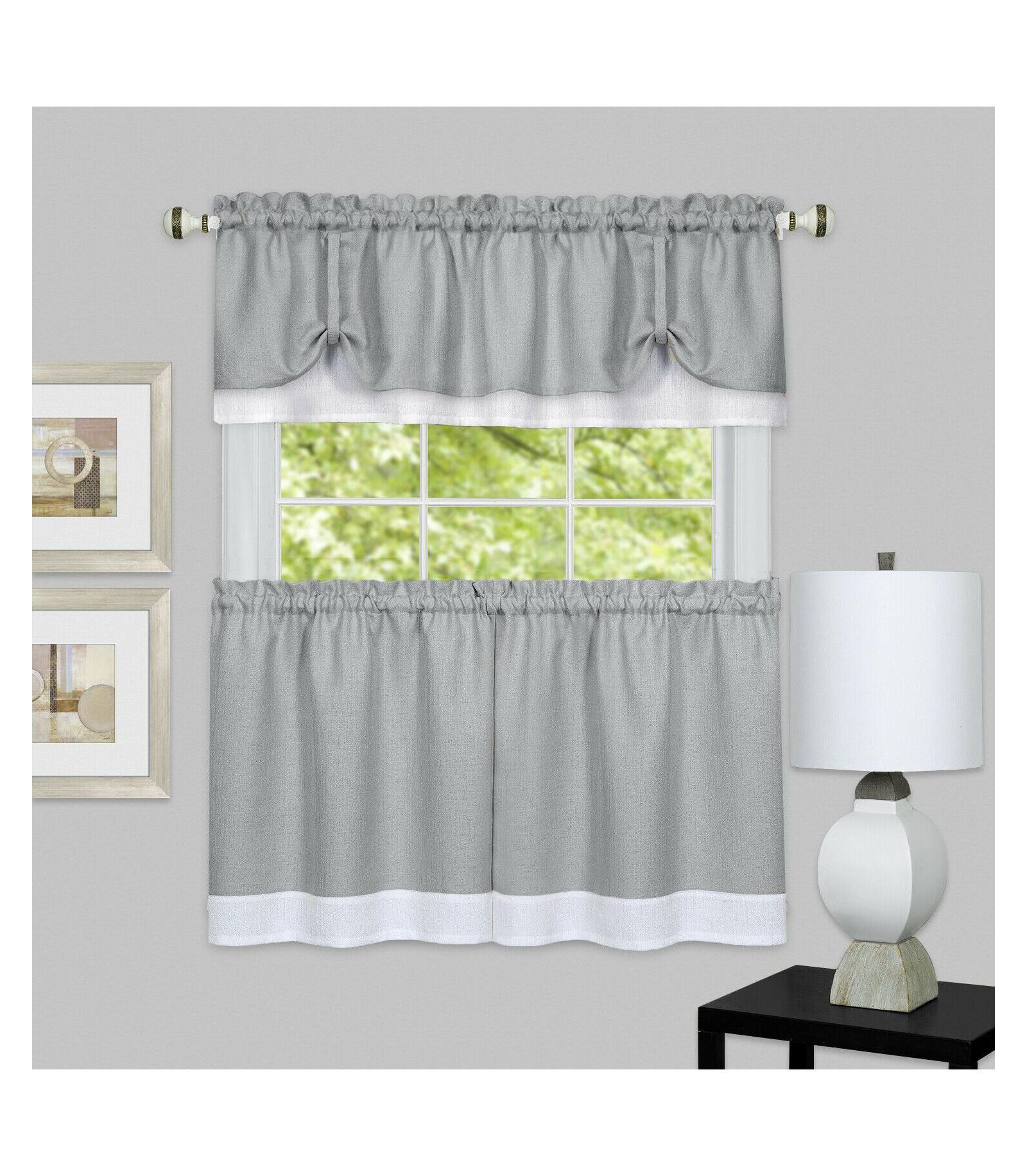 Kate Aurora Flax Styled Semi Sheer 3 Piece Tie-Up Kitchen Curtain Tier & Valance Set - 58 in. W x 24 in. L