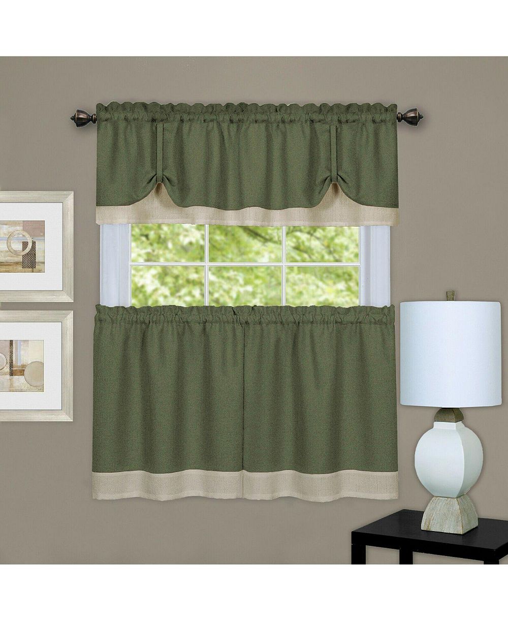Kate Aurora Flax Styled Semi Sheer 3 Piece Tie-Up Kitchen Curtain Tier & Valance Set - 58 in. W x 36 in. L, Sage/Tan