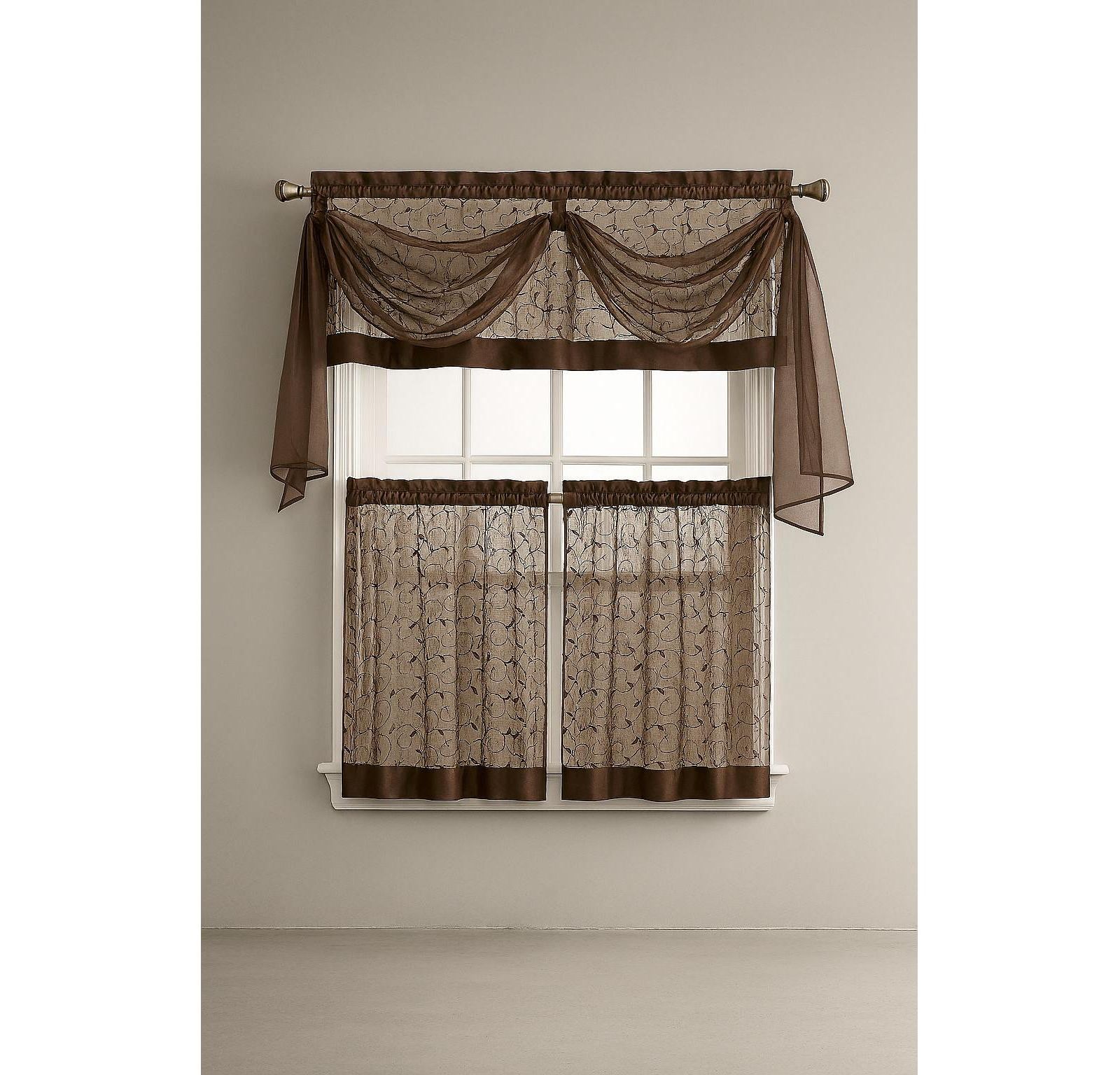 Kate Aurora Living Complete 4 Piece Linen Leaf Embroidered Complete Kitchen Curtain Set - 58 in. W x 36 in.