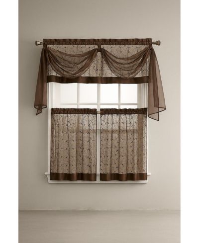 Kate Aurora Living Complete 4 Piece Linen Leaf Embroidered Complete Kitchen Curtain Set - 58 in. W x 36 in.