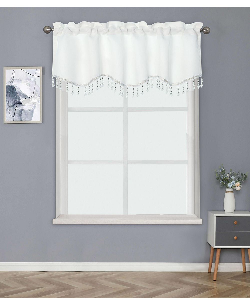 Kate Aurora Luxurious Solid Colored Scalloped Rod Pocket Window Valance With Crystal Beaded Trim - Yellow