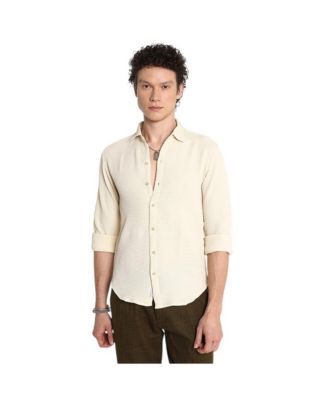 Cahoot Men's Campus Sutra Ivory White Weave-Textured Shirt