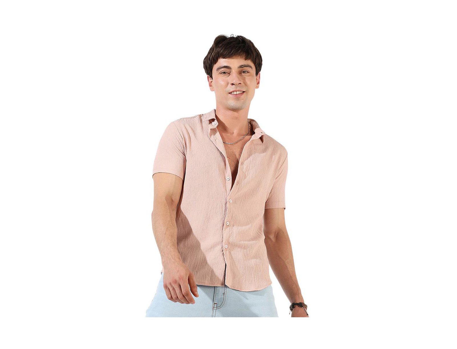 Cahoot Men's Campus Sutra Peach Textured Regular Fit Casual Shirt
