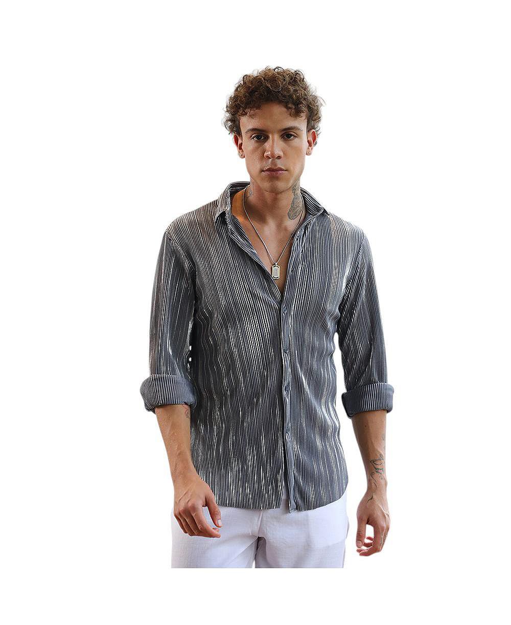 Campus Sutra Men's Icy Blue & Metallic Silver Pleat-Creased Shirt