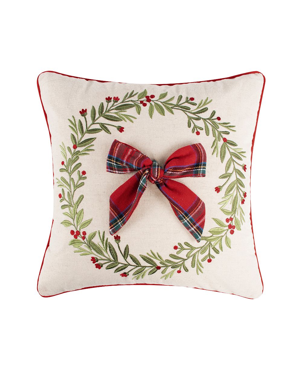 Levtex Merry Tartan Bow Embroidered Decorative Pillow, 18" x 18"