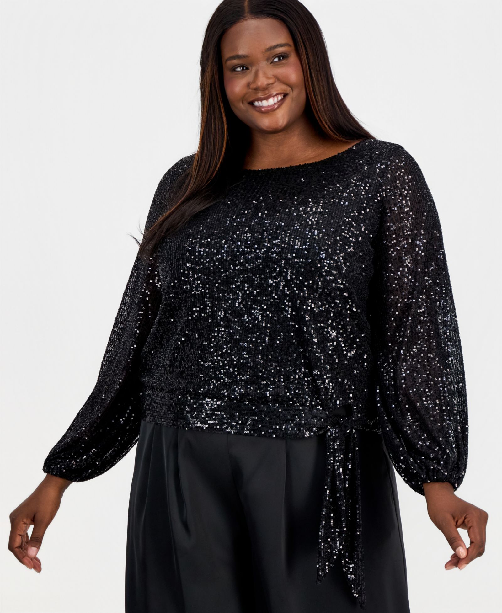 Tahari ASL Plus Size Sequin Blouson-Sleeve Top