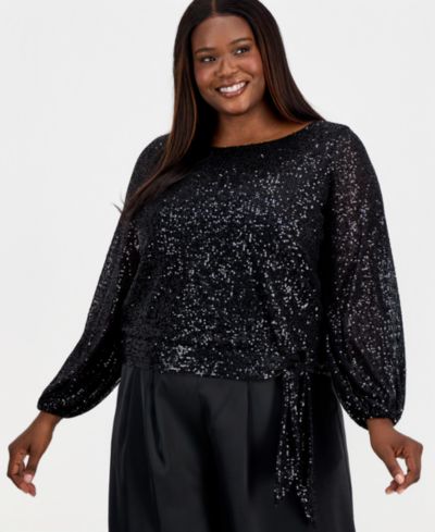 Tahari ASL Plus Size топ с пайетками и рукавами-буфами